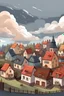 Placeholder: A cozy little town with cute houses, the town is on a cloud and the sky is grey, it's raining