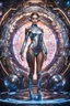 Placeholder: Fullbody photography front view of super model Russian beautiful woman as dj player,headphones ,dressing mech in transformative style, his metallic skin gleaming with intricate textures and intricate details, captured in an ultra-realistic style that blurs the lines between reality and imagination,cosmic spaceship background