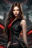 Placeholder: Young woman with long brown hair and red eyes, smirking, confident, a little evil looking, apocalyptic background, high quality, highly detailed, wearing black leather, 8k resolution, anime, digital art