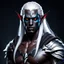 Placeholder: Male Drow elf, muscular warrior, dark grey skin, long white hair. Sci-fi Fantasy. Photorealistic