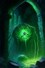 Placeholder: Abandoned spider lair with green glowing eggs and tangled webs in ruined castle rpg art painterly