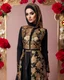 Placeholder: Luxury potrait of a beautiful super model hijab beauty makeup cosmetic,she wearing islamic a luxurious details pattern color gold and black casual jacket with designed large flower details that resemble roses.The dress has an asymmetrical design with one sleeve and a flowing skirt.background of the image shows a red carpet event with floral decorations,close-up portrait