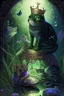 Placeholder: dark fantasy, intricate cover, a whimsical fairytale with a cat in boots next to a frog with a crown and a translucent glass slipper