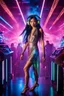 Placeholder: midle shot dancing in silent disco a young asian woman with long extrem hair, stunning futuristic dress and make up, wearing headphones and looking you attraktive, The atmosphere is enhanced in disco bar with neon lights, cyberpunk vibe, futuristic, light lines, photorealistic, in background blure light and blur dancing people