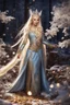 Placeholder: Elven princess,elven crown,long white blonde golden hair,rapunzel hair,ice flowers,beautiful,light blue,dark blue,golden armor,sparkle,glitter,ice flowers,snow,elven ears,dark fairy princess