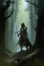 Placeholder: 1970's dark fantasy cover dnd style oil painting of a sword hero with black outfit in the Wood mist with minimalist far perspective.