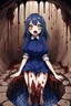 Placeholder: Anime girl with big eyes, darkblue and sepia tones, fullbody, slime, the perspective looking up from the bottom of an empty well, rolling eyes, tongue out, blood drip, open mouth,