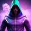 Placeholder: purple galaxy masked hooded super villain, weapons in hands, teal and purple smoke, full portrait, hyper realistic, 4k