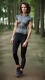 Placeholder: photography of a beautiful anorexic woman, grey satin triathlon top, sports illustrated, brunette short wavy bob haircut, pronounced sternum, flat chest, anthracite short leggins