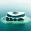 Placeholder: a building constructed on an artificial island of curved shape with a parimetric facade of bubble with a dune-like roof with a dome in the center,green,sea,architecture,modern,white paint,glass