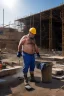 Placeholder: full figure shot photography of a wet sweat chubby and very virile 51-year-old burly turkish construction worker, long beard, in tank top, bulge, works hard very sweaty on a construction site in the sun repairing a floor, underlines the shine of the sweat in the sun's rays and the fatigue of the muscles, manly chest, , big legs, big belly , side view, photorealistic , side light