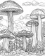 Placeholder: coloring page of mushroom world landscape, use clean lines and leave plenty of white space for coloring, simple line art, clean and minimalistic line