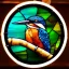 Placeholder: round coaster of kingfisher with stained glass window effect, highly detailed, intricate, warm colors, stained glass window, glossy from rain, warm lighting, dramatic lighting