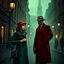 Placeholder: Vintage 1930s European street scene: stylish couple in period fashion, woman in forest green coat with red hat, man in crimson overcoat and fedora. Atmospheric green mist, ornate street lamps, cobblestone pavement, Gothic architecture silhouettes. Film noir cinematography, dramatic chiaroscuro lighting --ar 3:2 --v 6.1 --stylize 750