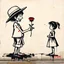 Placeholder: in the style of Banksy, a rough sketch graffiti image of Straw Man Luffy giving a rose to a silhouetted small little girl in a sun dress on a city wall, gritty, street graffiti