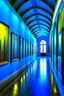 Placeholder: An exhibition of paintings whose walls are in the shape of an oval and made of blue glass and its floor is light with a wall in the middle of the hall to divide it into two parts with a corridor at the beginning and end of the wall and the paintings displayed are old and historical