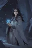 Placeholder: A female DnD character in a dark cave. A mysterious half-elf twilight cleric with dark hair and blue eyes. Wearing a grey robe with star symbols on it.