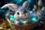 Placeholder: cute chibi plushy fluffy knitted and embroidered natural colored easter bunny in basket, feathers, easter eggs, iridescent flowers incorporated, light emitting, cracked bioluminescent holographic marble background, silver foil, sparkling diamonds, holographic raw pearls, ethereal, cinematic postprocessing