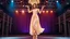 Placeholder: full body shot of a very beautiful Azeri lady with makeup and bob hair, wearing a pretty long skirt and heels, dancing gracefully on a modern stage with luxury structure and dynamic color lights.