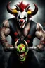 Placeholder: big demon, horns and big arms, wit a clown face painted, terroriffic