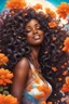 Placeholder: vibrant psychedelic analytic image, airbrush, 8k, cartoon art image of a black curvy female looking to the side smiling with a large mane of curly ombre hair flowing through the wind, prominent makeup with hazel eyes, highly detailed hair, background orange and white flowers surrounding her, dystopian