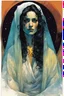 Placeholder: create an imaginative drawing of the pale translucent ghost of an ancient Romanian female gypsy fortuneteller, clothed in tattered and ragged traditional dress, with finely detailed hair and feminine facial features, in the comic book art style of Bill Sienkiewicz, Mike Mignola, and Jean Giraud Moebius, finely textured, drawn, colored, and inked, suffused with seething ethereal shadows