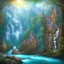 Placeholder: turquoise river, sun, waterfalls, fairy castle