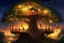 Placeholder: The tree of Heavens, huge tree floating heaven, warm and cozy, many huts on the tree, people, huge railing, firelights, blossoms, christmas decorations, fireflies, beautiful, Serene, Warm place