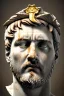 Placeholder: Ultra Realistic image, Roman sculpture, white marble material, Lionel Messi, gold Laurel leaves wreath, renaissance ornaments, one gold star in heart, sun ornament, sun rays background, chisel style, waist up portrait, emperor style, epic, celestial, cinematic lighting, God light, god rays, 4k resolution, smooth details, ornate details, soft lighting, unreal engine 5, art station, substance 3d.