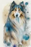 Placeholder: Abstract wet watercolour of a rough collie, ink lines, interlinked circles,detailed focus on eyes