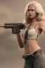 Placeholder: blonde woman with gun, photo realistic, highly detailed, high contrast, extremely sharp detail