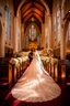 Placeholder: "Picture a timeless moment inside a majestic, sunlit church where a radiant bride and her dashing groom are standing at the altar. The bride is resplendent in her white wedding gown, adorned with intricate lace and a flowing train that cascades gracefully behind her. She holds a bouquet of fragrant, pastel-hued flowers, her eyes shimmering with happiness and anticipation. The groom, in a classic black tuxedo, stands beside her, wearing a warm, proud smile. The church is bathed in soft, golden li