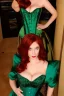 Placeholder: Busty princess full body with long auburn hair green eyes wearing a big dark teal green and gold satin ballgown corset off shoulder top at night