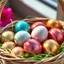 Placeholder: digital photograph of modern basket colorful Easter eggs. eggs display in azure, emerald, blush,red, crimson,gold, sapphire,metallic cinematic HDR backlighting highlights subtle dimples and glossy reflections, with shallow depth of field softening the sunlit background. hyperrealistic 8k resolution,