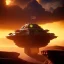 Placeholder: volumetric dramatic desert Battle scene with futuristic hovering military armored Hovercraft painted by chris foss, floating, 4k, 8k, Minutiae, highly detailed, With laser Turret, Yellow pennant, hovering, stripes, sunset, duststorm, nimbus clouds]