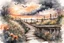 Placeholder: Urban sketch of a beautiful forest in ink and watercolor, storm clouds, full sunset, flowers, kurved path, old wood bridge, gull Modifiers: beautiful award winning