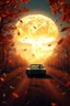 Placeholder: foreground with many falling leaves, behind is a nuclear explosion's mushroom cloud that looks more like a tree in fall, with explosion radiating outward, many leaves falling in foreground, ground is dirt and scorched with a road coming down the middle towards viewer, on the road driving towards the viewer is a black 1963 Lincoln Continental with the roof down and a giant racoon driving , angelic fantastic lighting