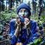 Placeholder: woman in the forest picking and eating blueberries and her mouth and hands are covered with blueberries, woman is stylish