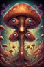 Placeholder: Psychedelic exotic brown alien creature that resembles mushroom shape, with eyes and a mouth, alien creature character illustration, Z brush, highly detailed, anime style, vibrant non-natural colors, earth tones, trippy artwork, surreal landscape with wavy kaleidoscopic patterns, retro drawing style, curvaceous shapes inspired by Art Nouveau, fantasy, day-glo, 90s airbrush cartoonist style, Camilla d'errico , retro futuristic