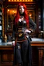 Placeholder: full body and headshot of a skinny Cleopatra, with long straight red hair, dressed as an assassin standing in a steampunk setting.