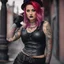 Placeholder: Picture of a photrealistic, lifelike,young 33 year old chubby extreme tatood girl with big scary knifes in her hands and a 46 years old extreme tatooed woman, dressed in gothpunk clothing and boots,