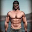 Placeholder: A waist to head shirtless muscular man with gang tattoos all over him and lots of chest hair, and ripped jeans. He has sunglasses, a towel around his shoulders, and a blonde moustache