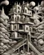 Placeholder: boceto a mano alsada A captivating, surrealist painting of a gravity-defying, Escher-inspired building with multiple perspectives, impossible staircases, and fantastical elements that defy the laws of physics, set within a dream-like landscape.