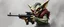Placeholder: air brush 3d with pen outline, mongrel goblin gremlin holding uzi, charcoal fog border