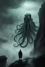 Placeholder: Cthulhu, a gigantic octopus-like creature with a human face, stands on the edge of a cliff, staring down at a small human figure. The creature is surrounded by a mist and has a dark, ominous aura.