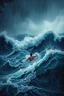 Placeholder: Rain and storm in an ocean with high waves , a man is swimming trying to survive, Bosch painting style