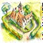 Placeholder: aerial view watercolour drawing of a medieval house in the style of art novel