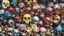 Placeholder: a picture of a dark, comedic, anatomically correct wall of colorful tightly packed skulls of varying sizes and expressions, photo realistic, insanely meticulous, highly detailed, part of a collection of bones on display, 64k, dystopian, vray