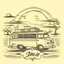 Placeholder: A retro camper van parked by the ocean, nostalgic, carefree, golden hour lighting, T-shirt design graphic, vector, contour, white background. WITH A FISH BEHIND IT AND WORDS\"Summer is a time to relax \"IN WHIT LET-TERS.THE BACK