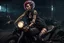 Placeholder: scarred cyberpunk vampire girl with tribal tattoos short curly cyberpunk hair riding a black cafe racer motorcycle in a post apocalyptic industrial wasteland at night